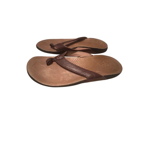 Olukai Womens Size 7 Brown Leather & Rubber Beach Sandals - Picture 1 of 7
